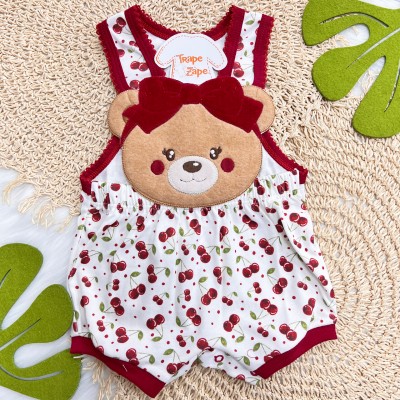 Banho de Sol Bordado - Ursinha com Cerejinhas - Vermelho